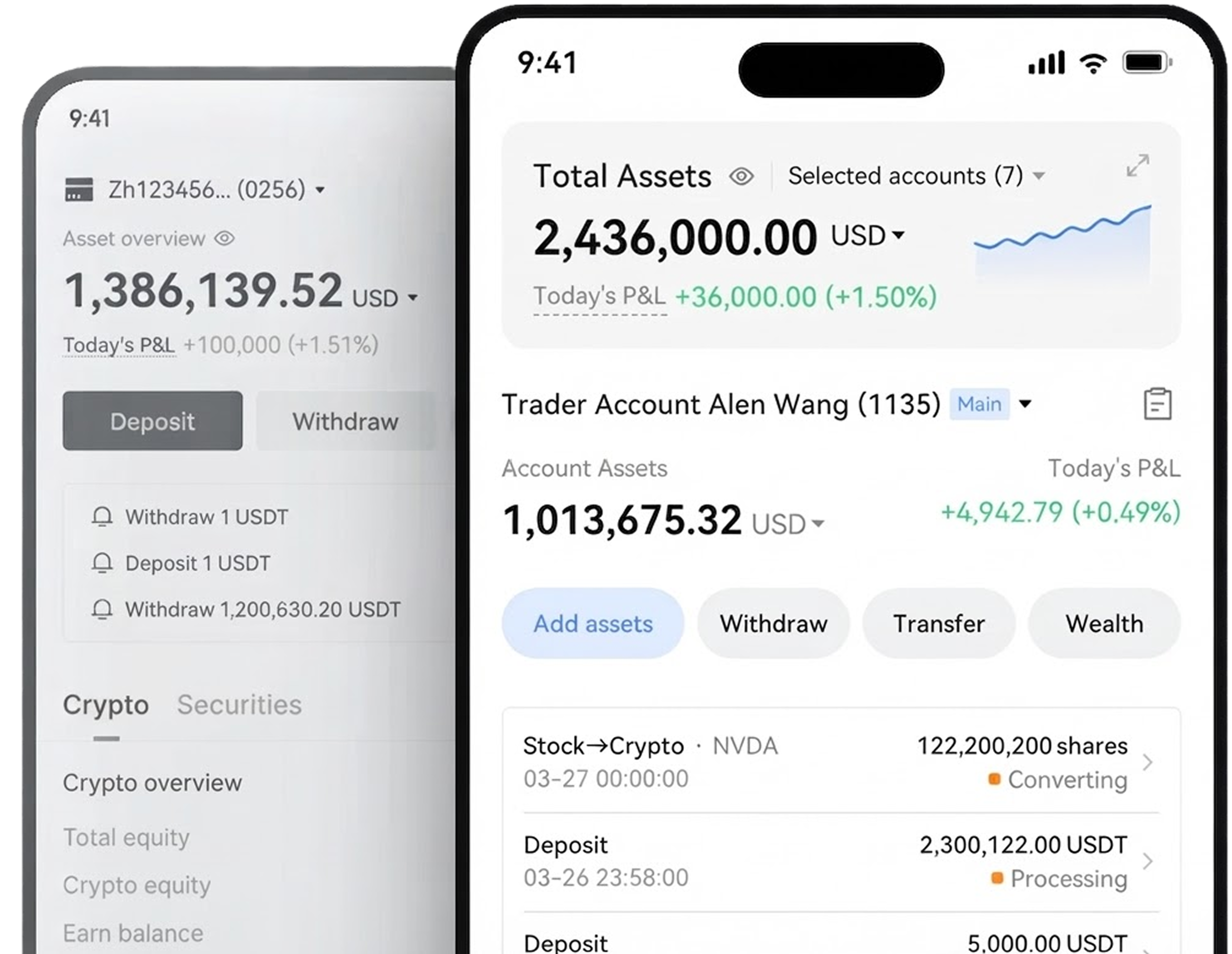 Before and after: the original data-dense asset home behind, the redesigned asset home in front — total assets, account, actions, records, and the crypto panel
