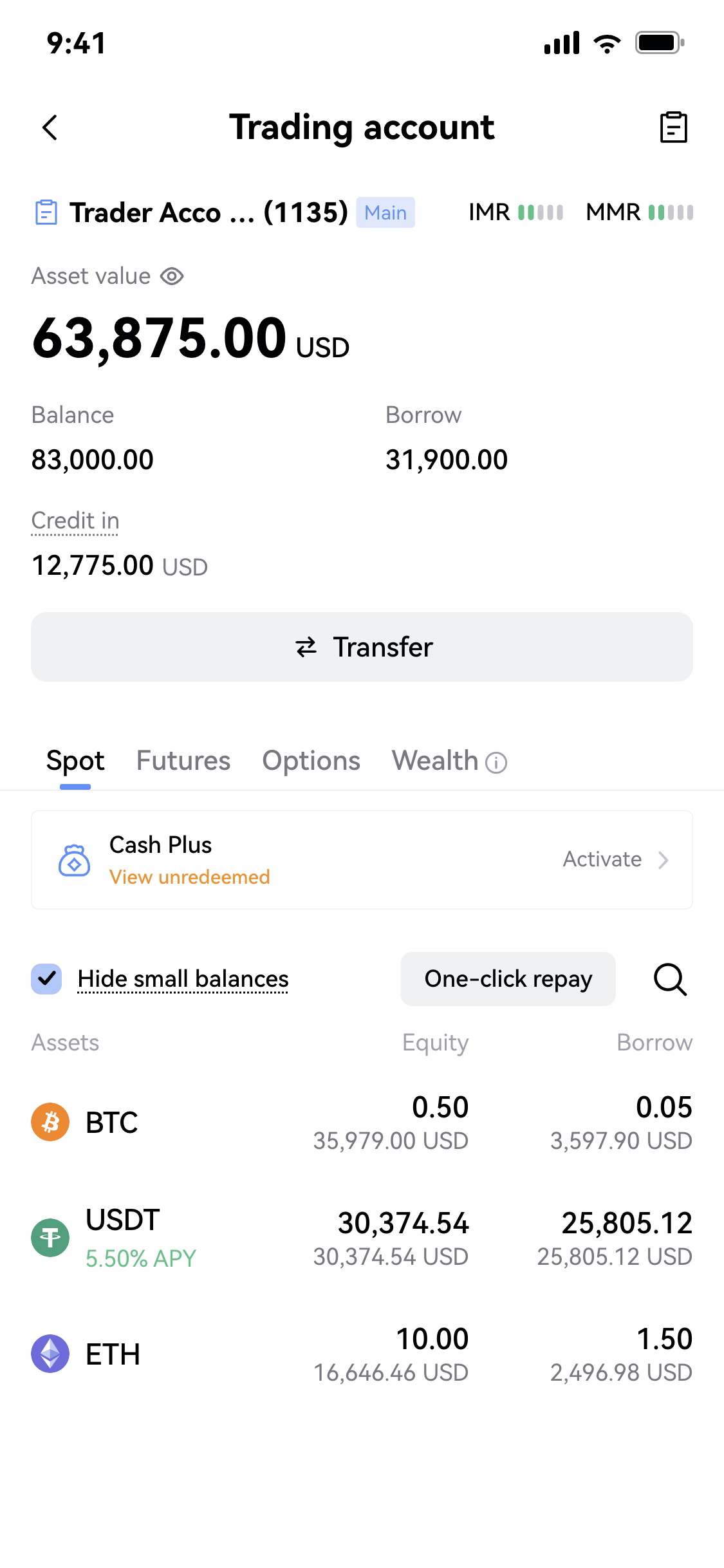 Trading account screen