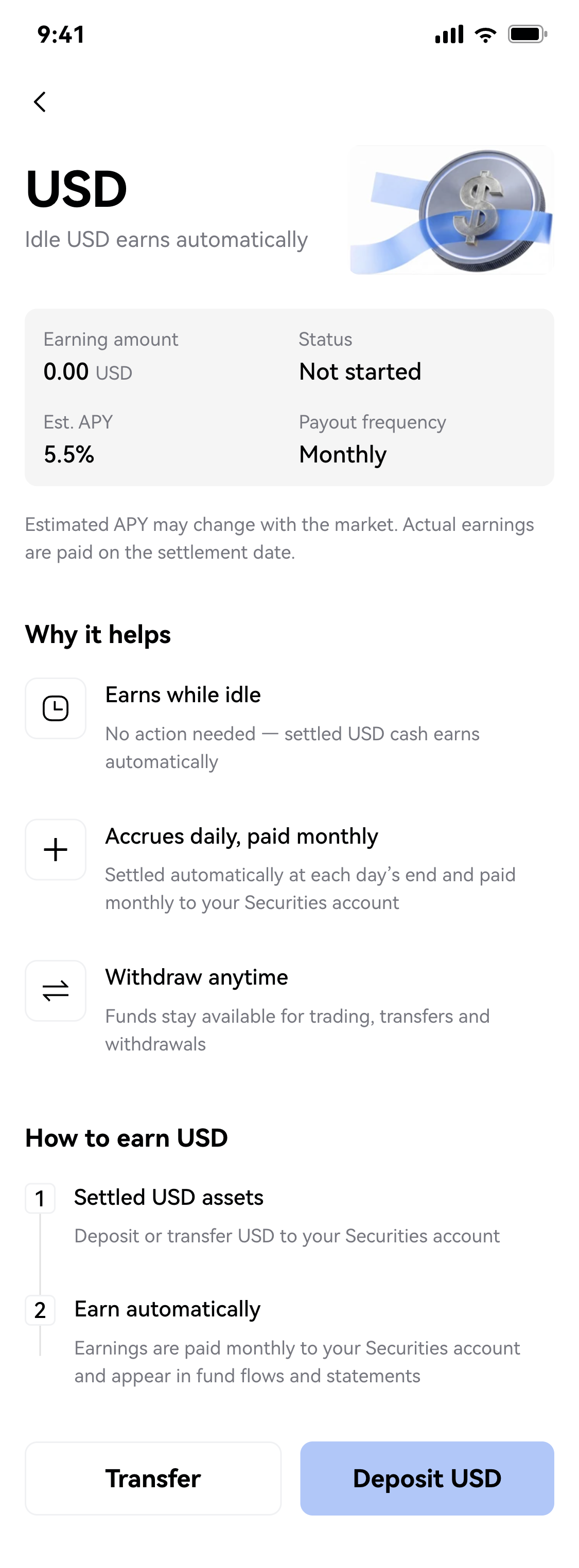 USD auto-earn screen