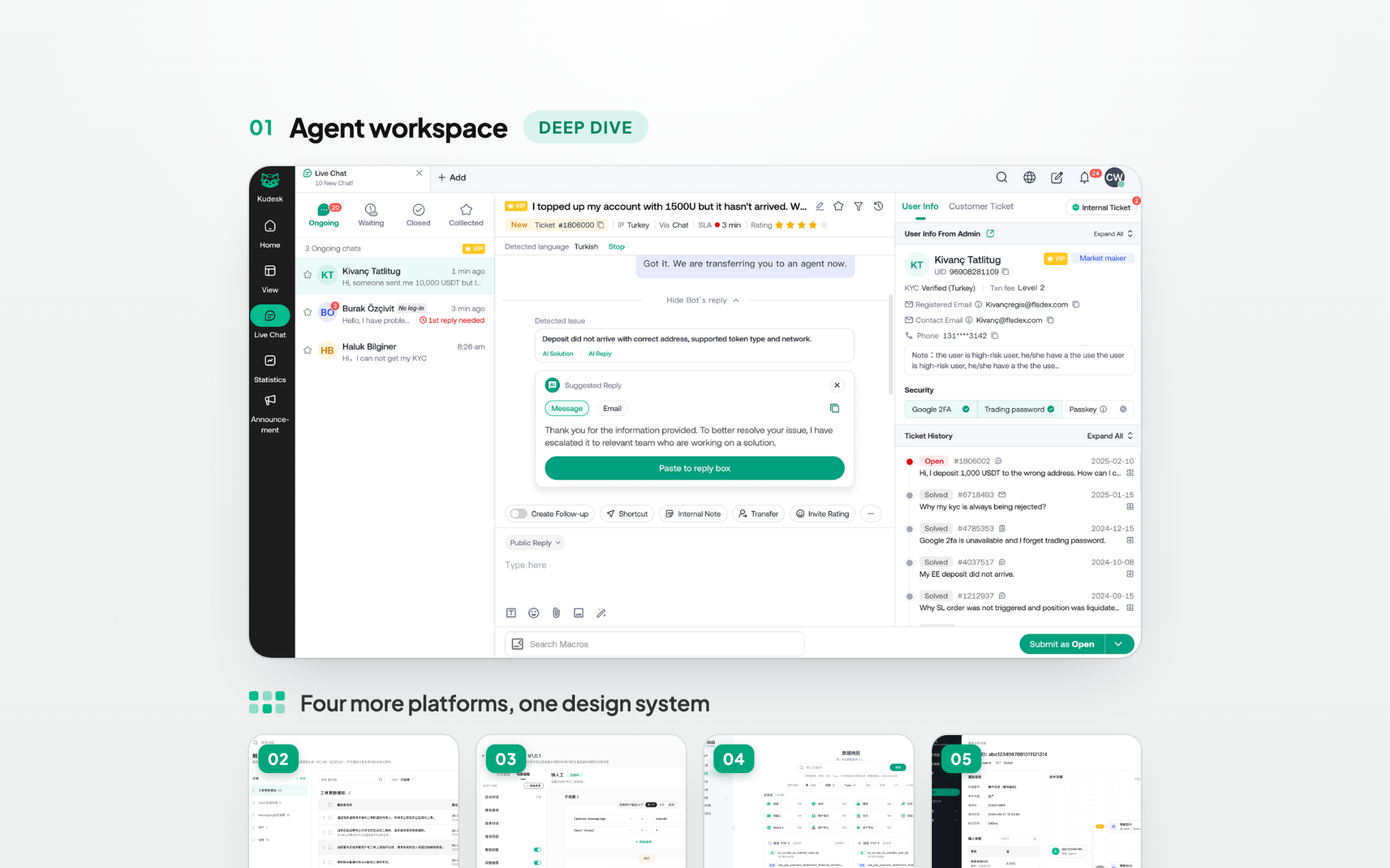 The redesigned agent workspace beside the four other internal platforms: customer-service console, chatbot configuration, data platform and compliance system