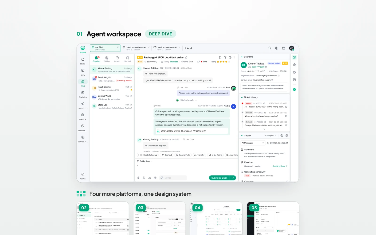 The redesigned agent workspace beside the four other internal platforms: customer-service console, chatbot configuration, data platform and compliance system