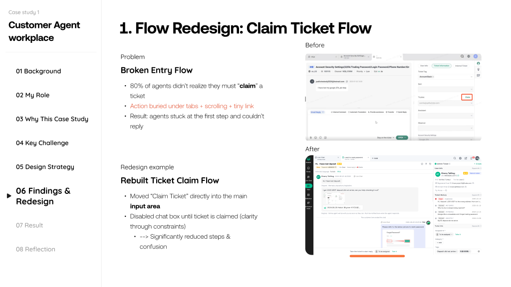 Before and after: ticket claim flow moved to main input area — broken entry flow fixed