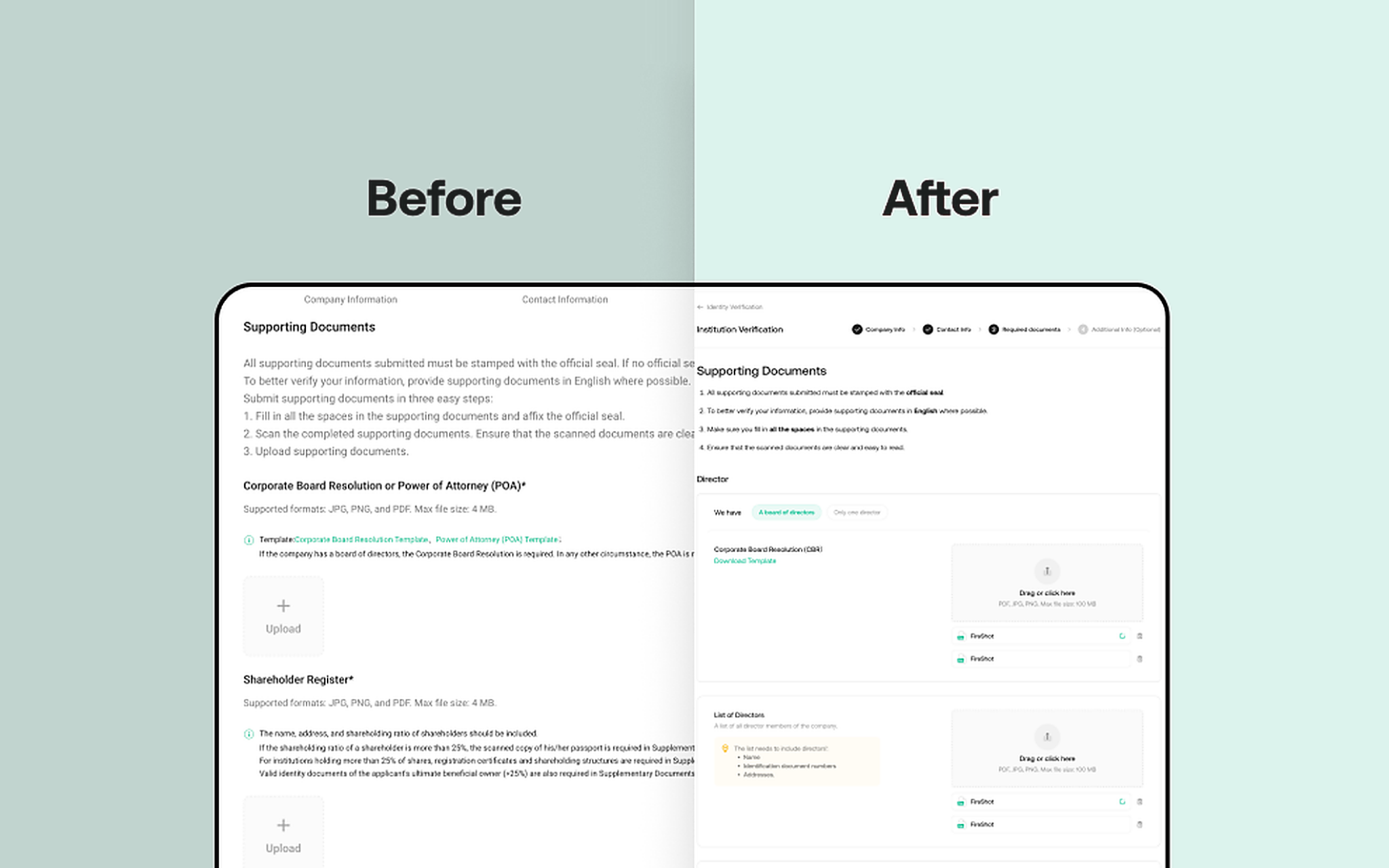 Institutional onboarding flow with document checklist and guided uploads
