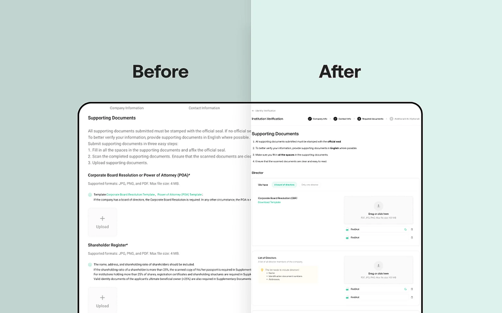 Institutional onboarding flow with document checklist and guided uploads