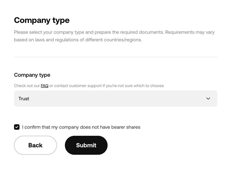 Company-type selector — a dropdown for picking the entity type before verification