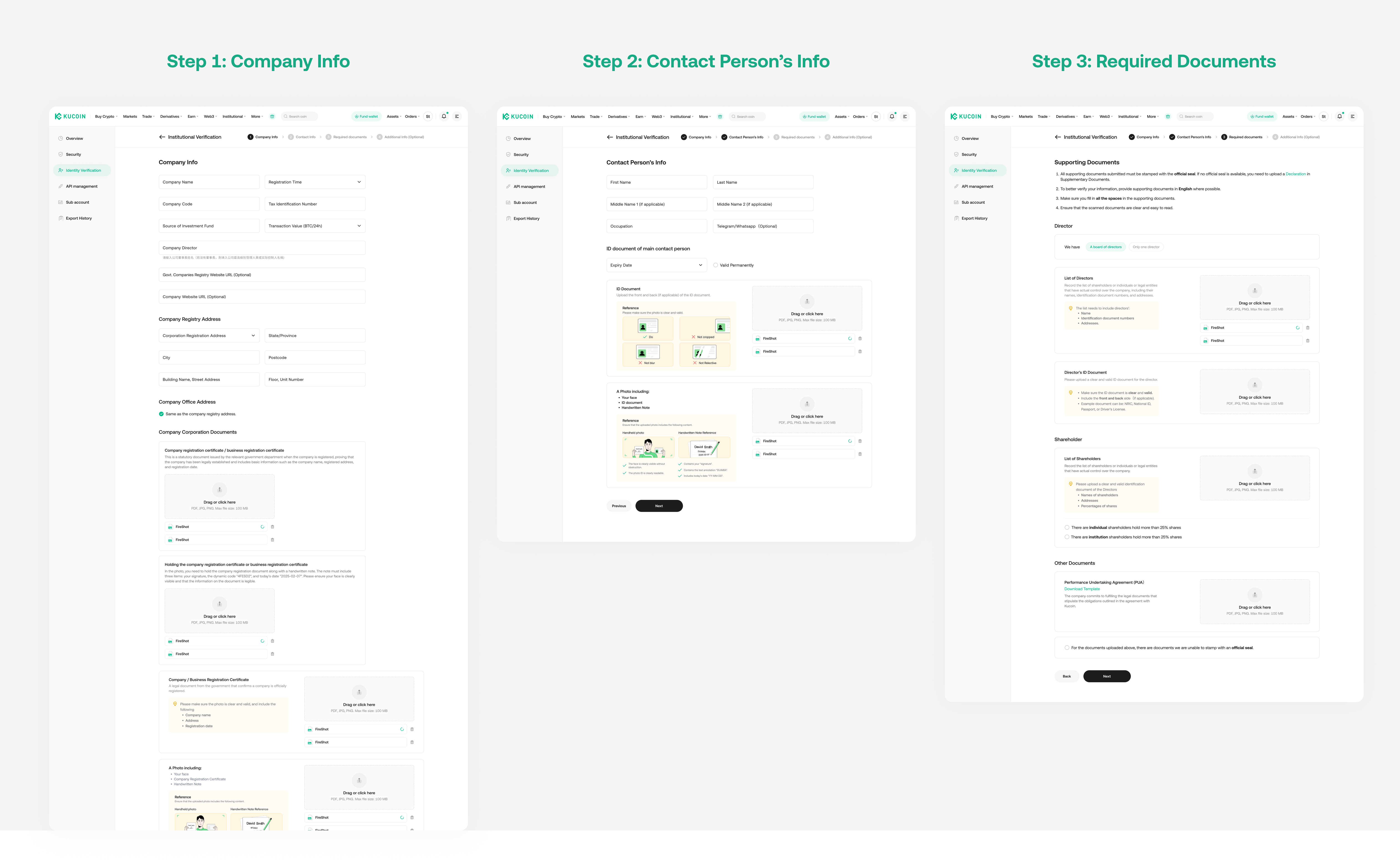 Key screens — company info, contact person, and required documents with guided upload modules