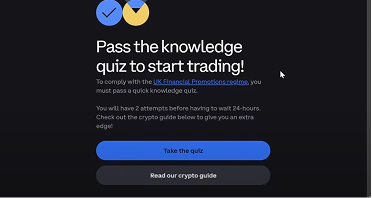 Coinbase — a knowledge-quiz gate with a 'read our crypto guide' pre-step before users can start trading