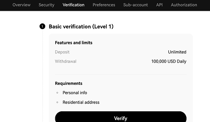 OKX — a clean verification screen listing requirements and limits before a single Verify action