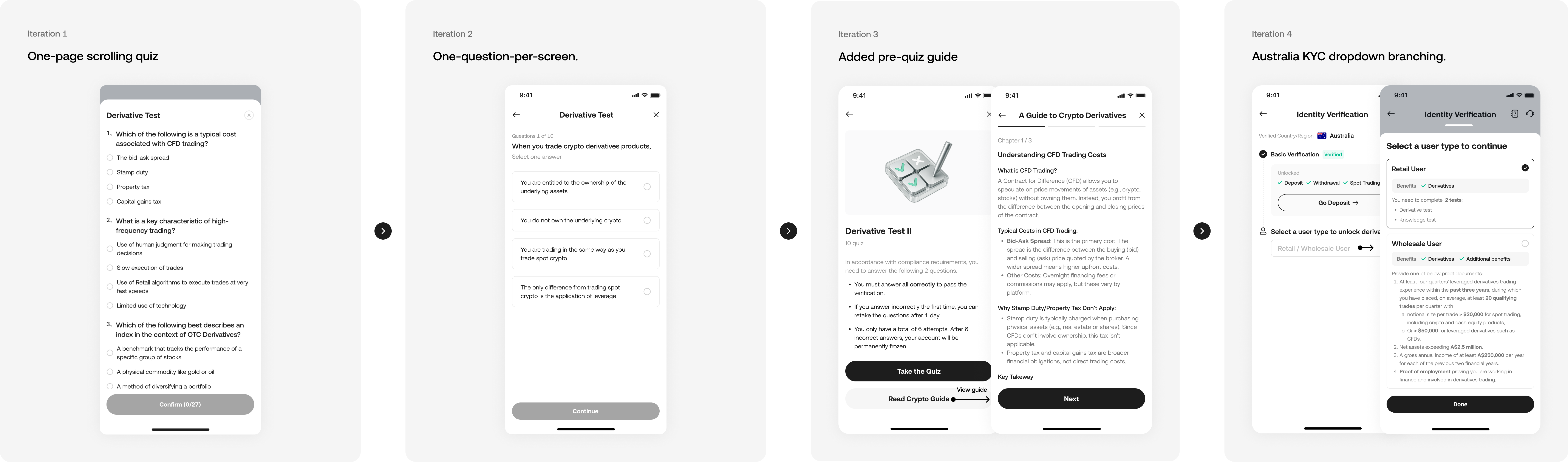 Four iterations of the assessment screen — one-page scroll, one-question-per-screen, added pre-quiz guide, and AU dropdown branching