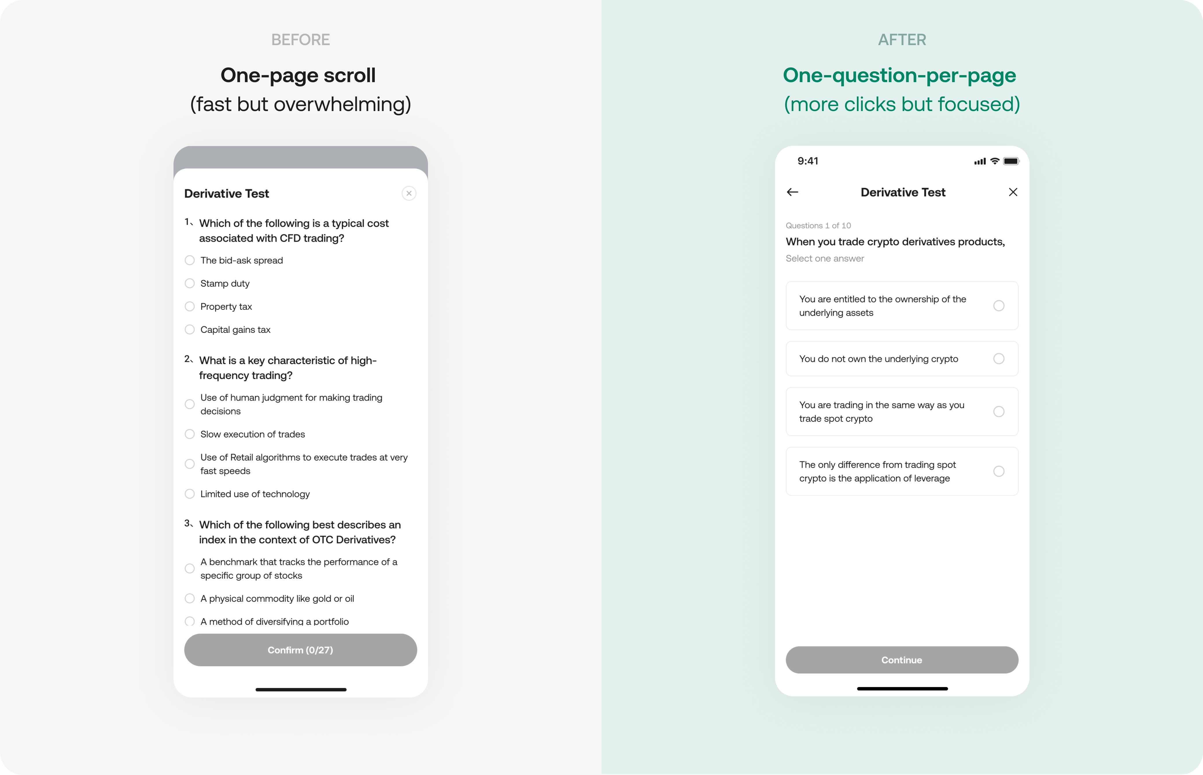 Before and after the quiz redesign — a dense one-page scrolling quiz versus a focused one-question-per-page flow