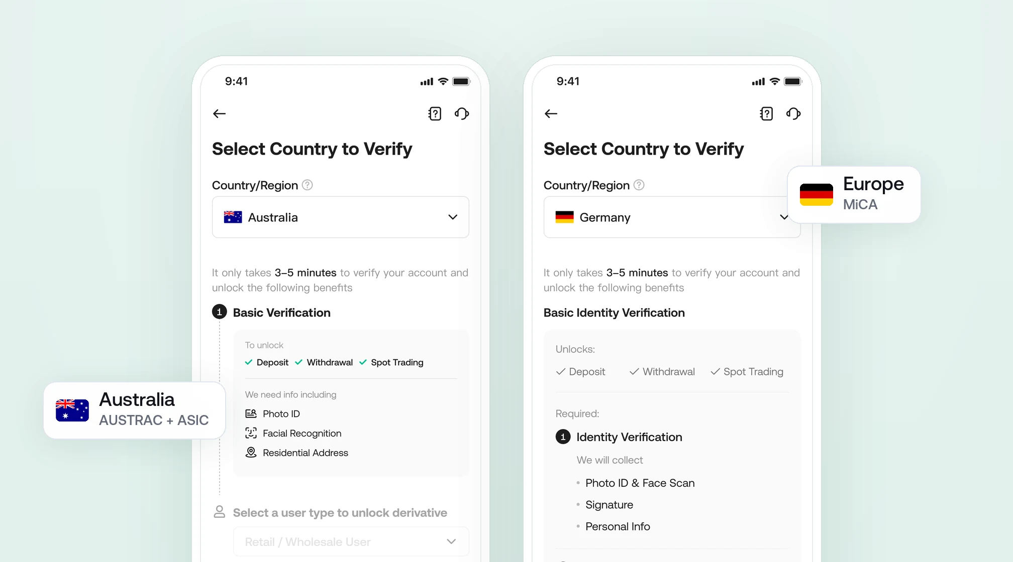 Retail KYC on mobile: the same country-selection step for Australia and Germany, with different requirements